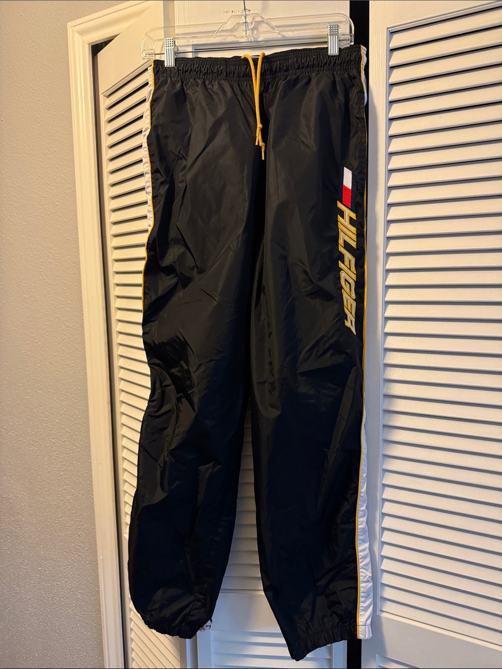 Tommy Hilfiger Black Track Pants with Yellow Drawcord and Side Stripe